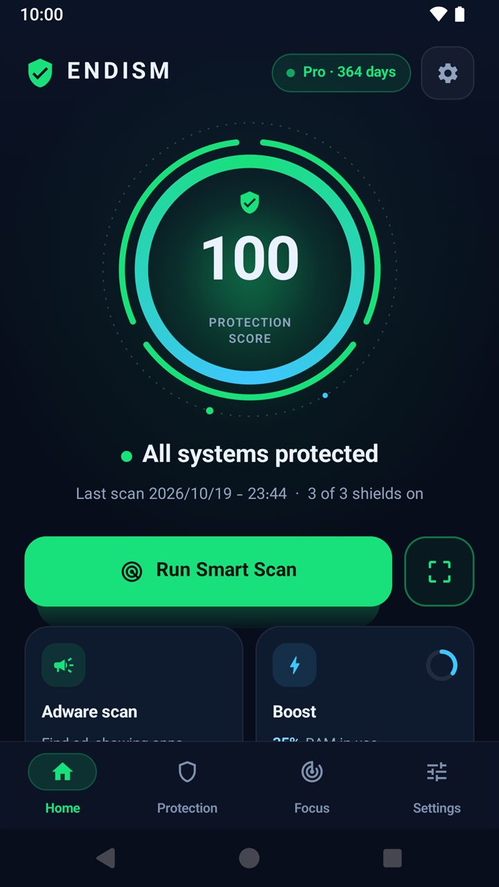 Écran d’accueil d’ENDISM avec un score de protection de 100 et tous les systèmes protégés